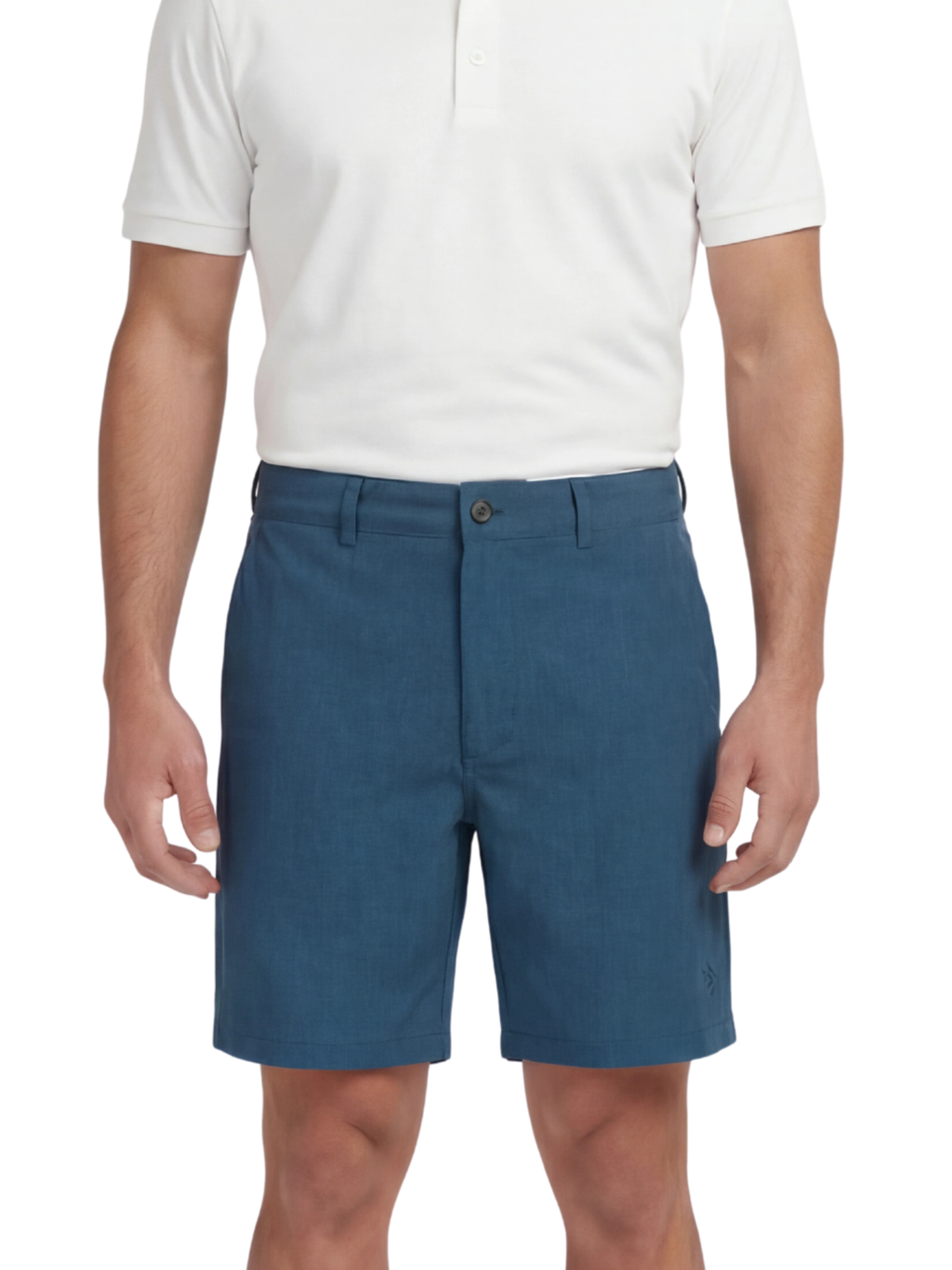 Person wearing blue shorts and a white polo shirt on a white background