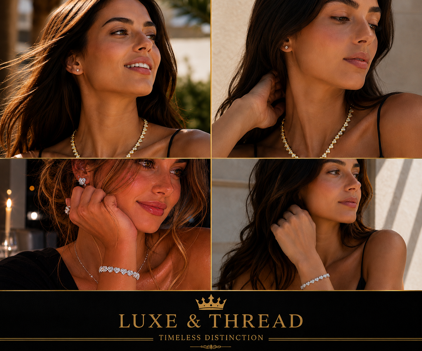 Collage of a woman wearing jewelry with 'Luxe & Thread' branding.