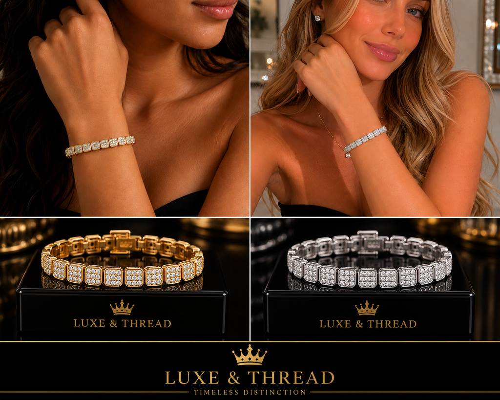 Collage of a woman wearing a diamond bracelet with 'Luxe & Thread' branding.