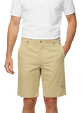 Person wearing beige shorts and a white polo shirt on a white background