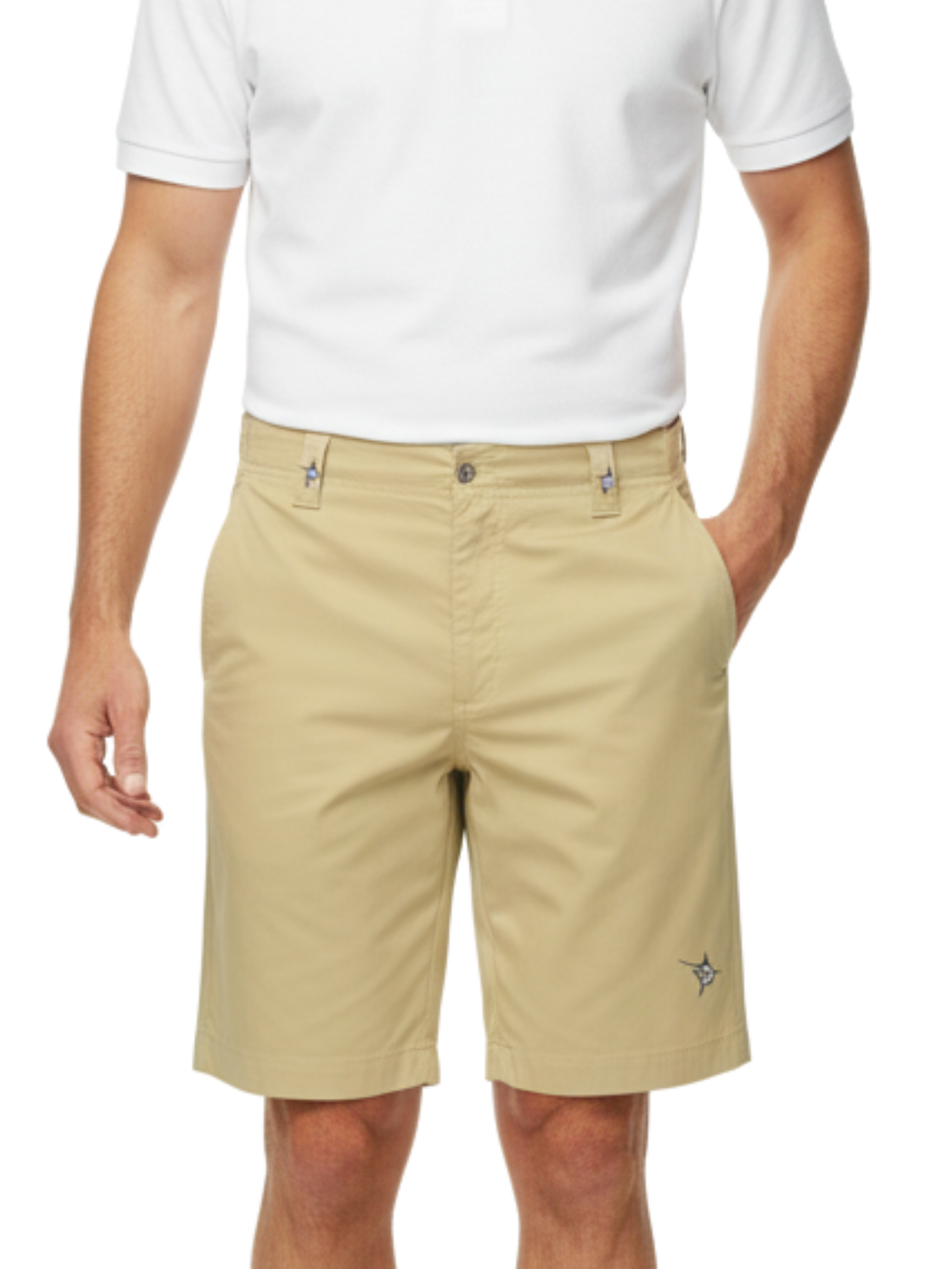 Person wearing beige shorts and a white polo shirt on a white background