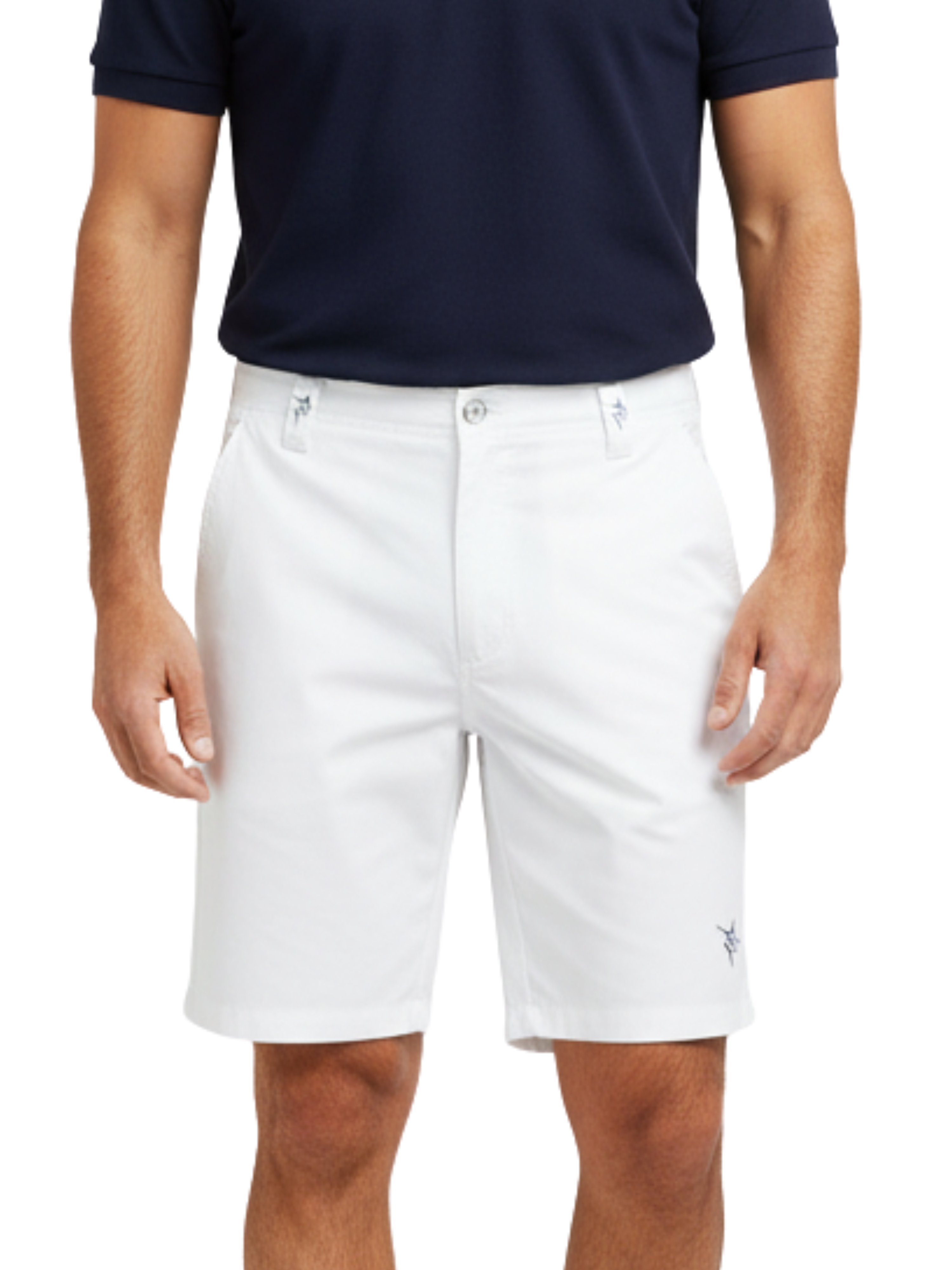 Person wearing white shorts and a navy polo shirt on a white background