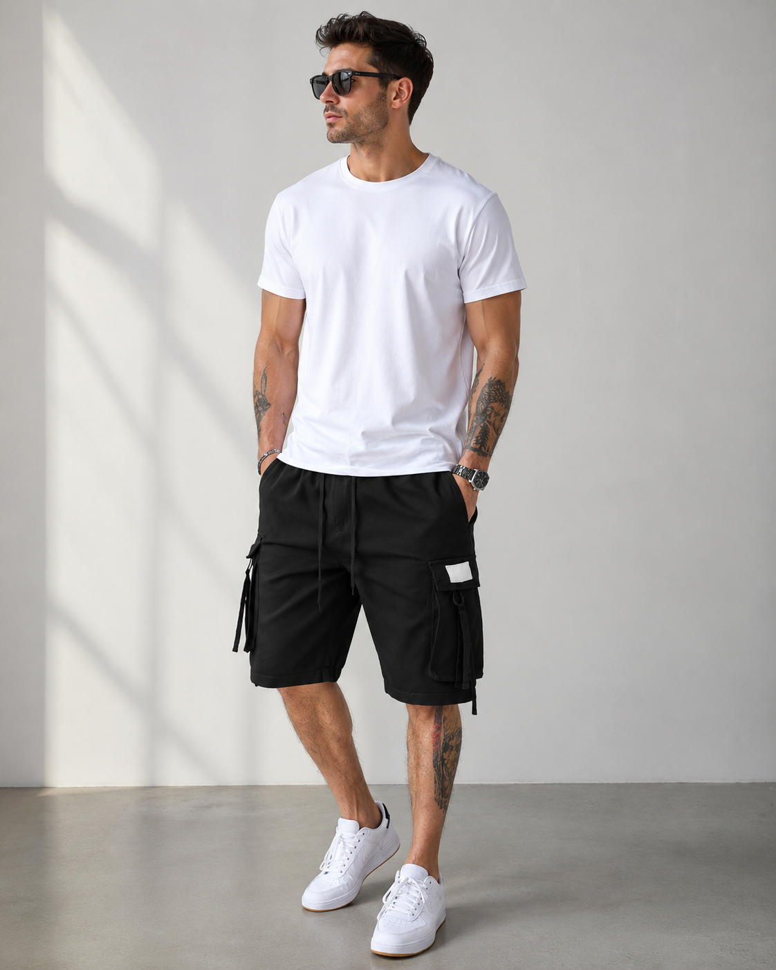 Man wearing a white t-shirt, black cargo shorts, and white sneakers against a gray background