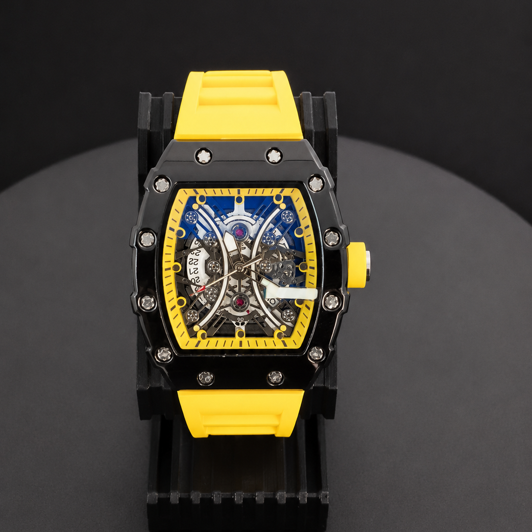 Watch with a yellow and black strap on a dark background