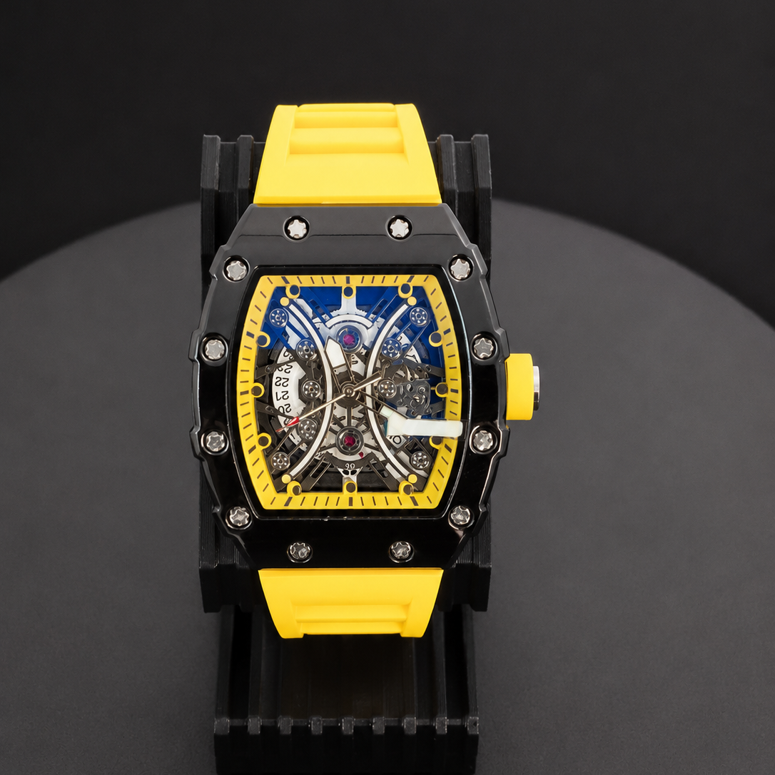 Watch with a yellow and black strap on a dark background