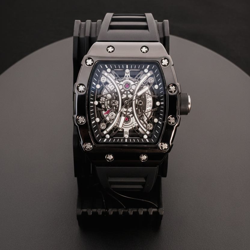 Black wristwatch with detailed face on a black and white background