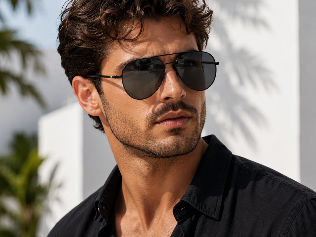 Man wearing sunglasses with a blurred outdoor background