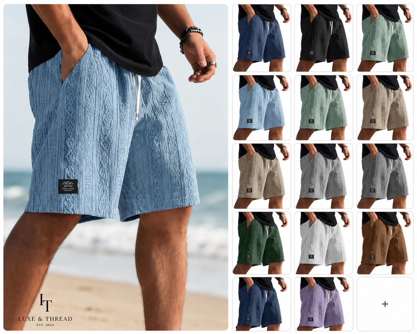 Collage of men wearing shorts in various colors with Luxe & Thread branding.