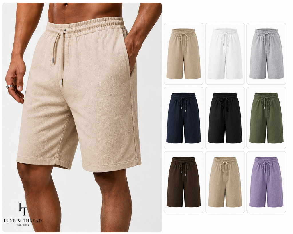 Beige shorts worn by a person with color swatches of other shorts displayed on the right.
