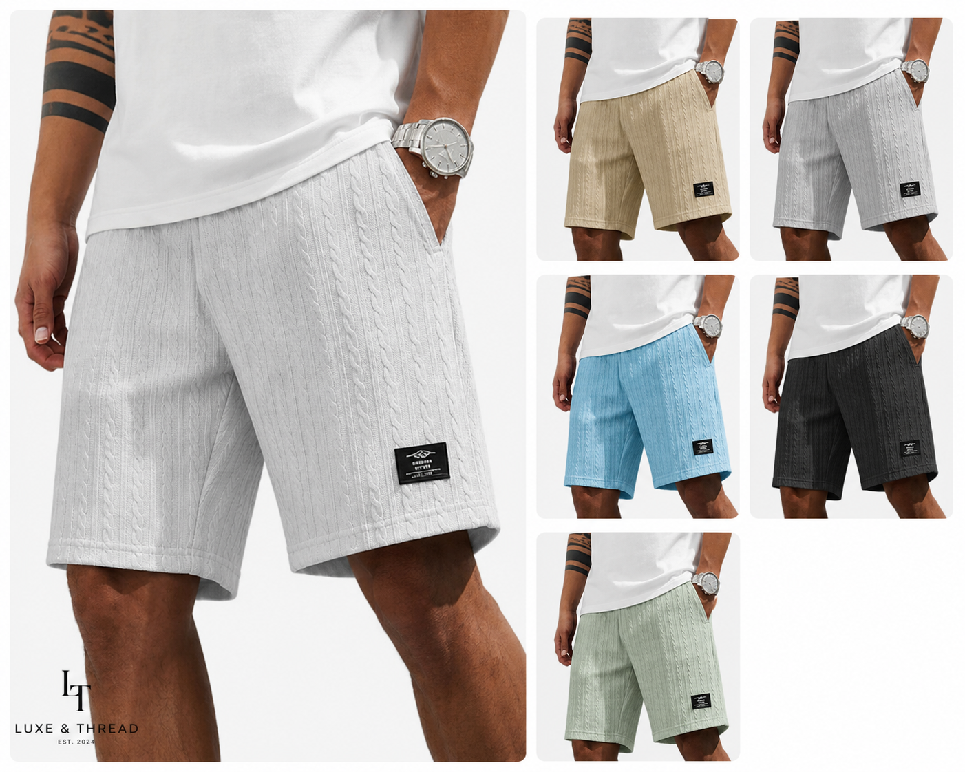 Collage of men wearing different colored shorts with a brand logo.