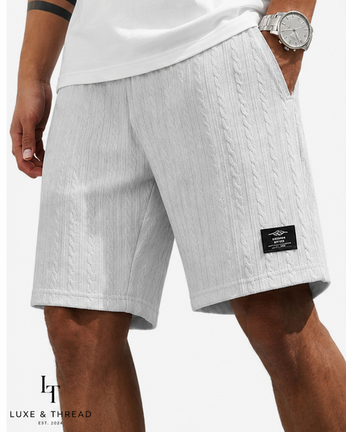 Collage of men wearing different colored shorts with a brand logo.