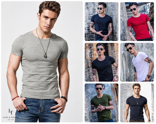 Collage of a man wearing different t-shirts in various settings.