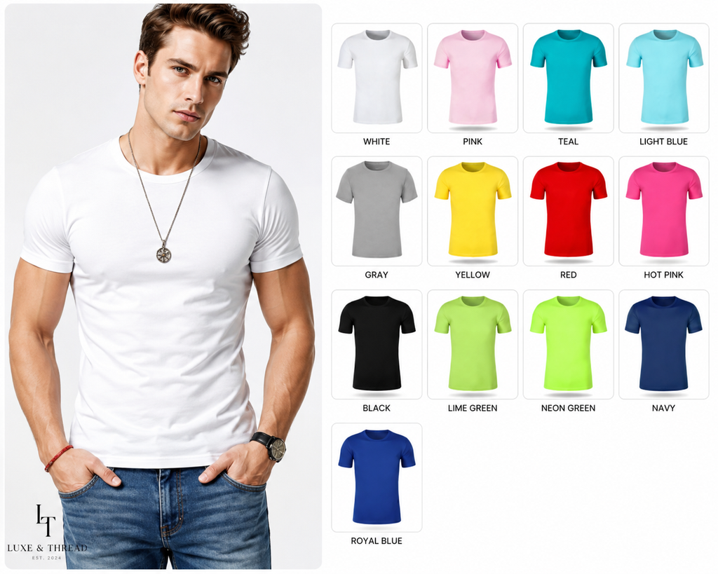 Man wearing a white t-shirt with a grid of colorful t-shirts displayed on a white background.