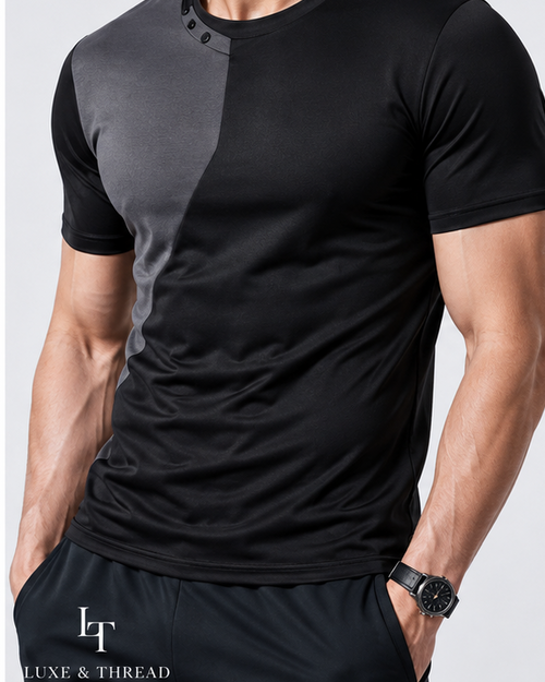 Man modeling a black and gray shirt with color options displayed below.