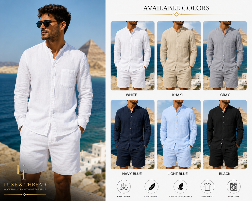 Men's Linen Stand Collar Shirt & Shorts Set