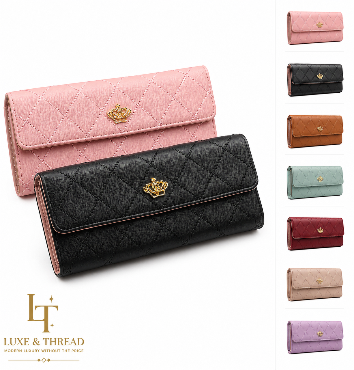Quilted wallets in various colors with a visible brand logo on a white background.