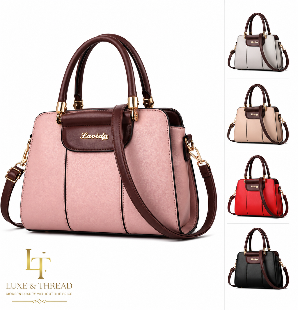 Pink handbag with brown accents and 'Luxe & Thread' branding on a white background.