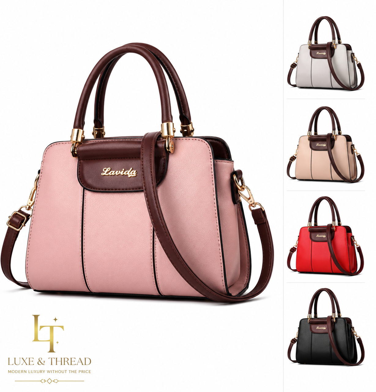 Pink handbag with brown accents and 'Luxe & Thread' branding on a white background.