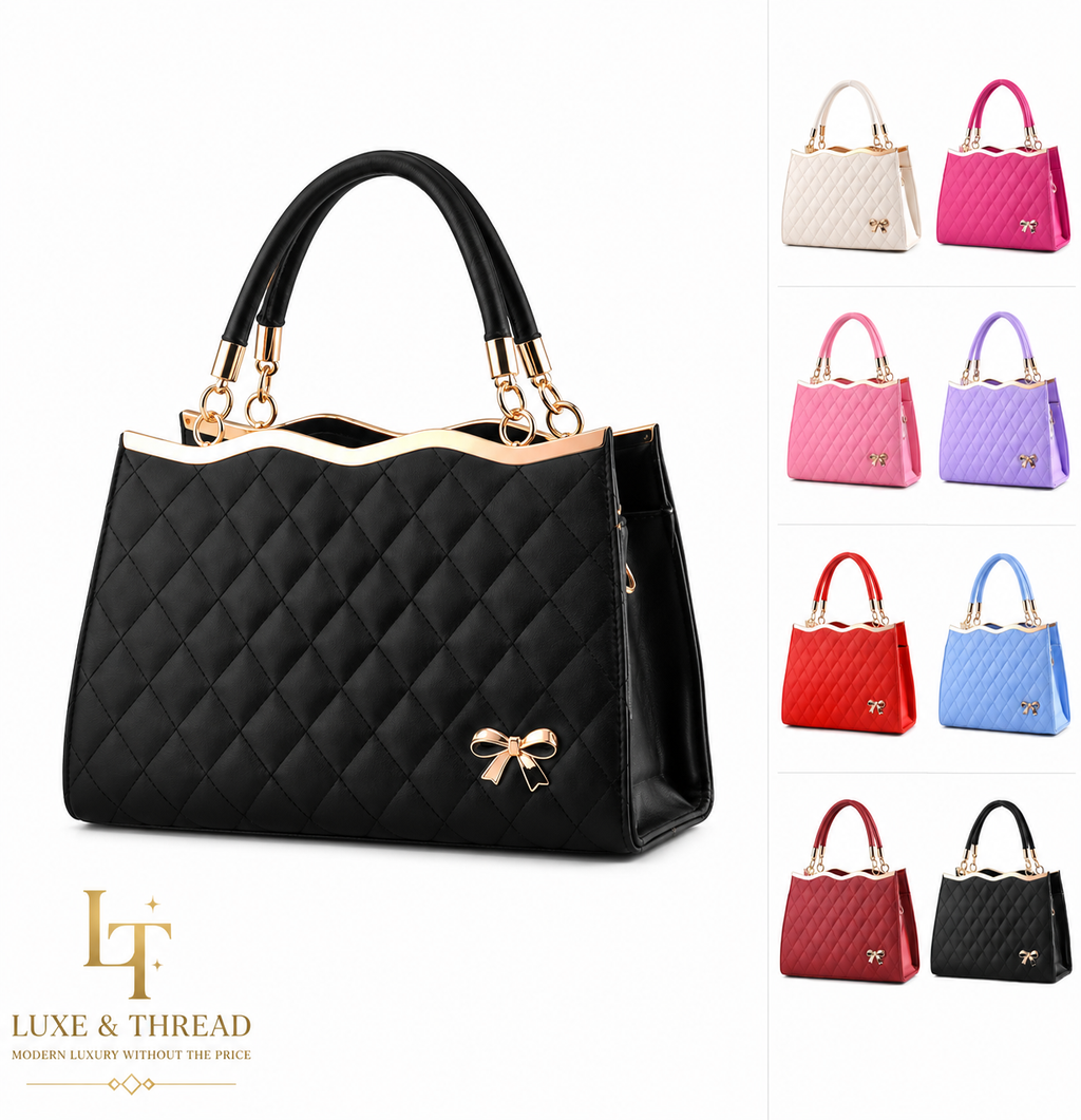 Black quilted handbag with gold accents and a bow, surrounded by other color options on a white background.