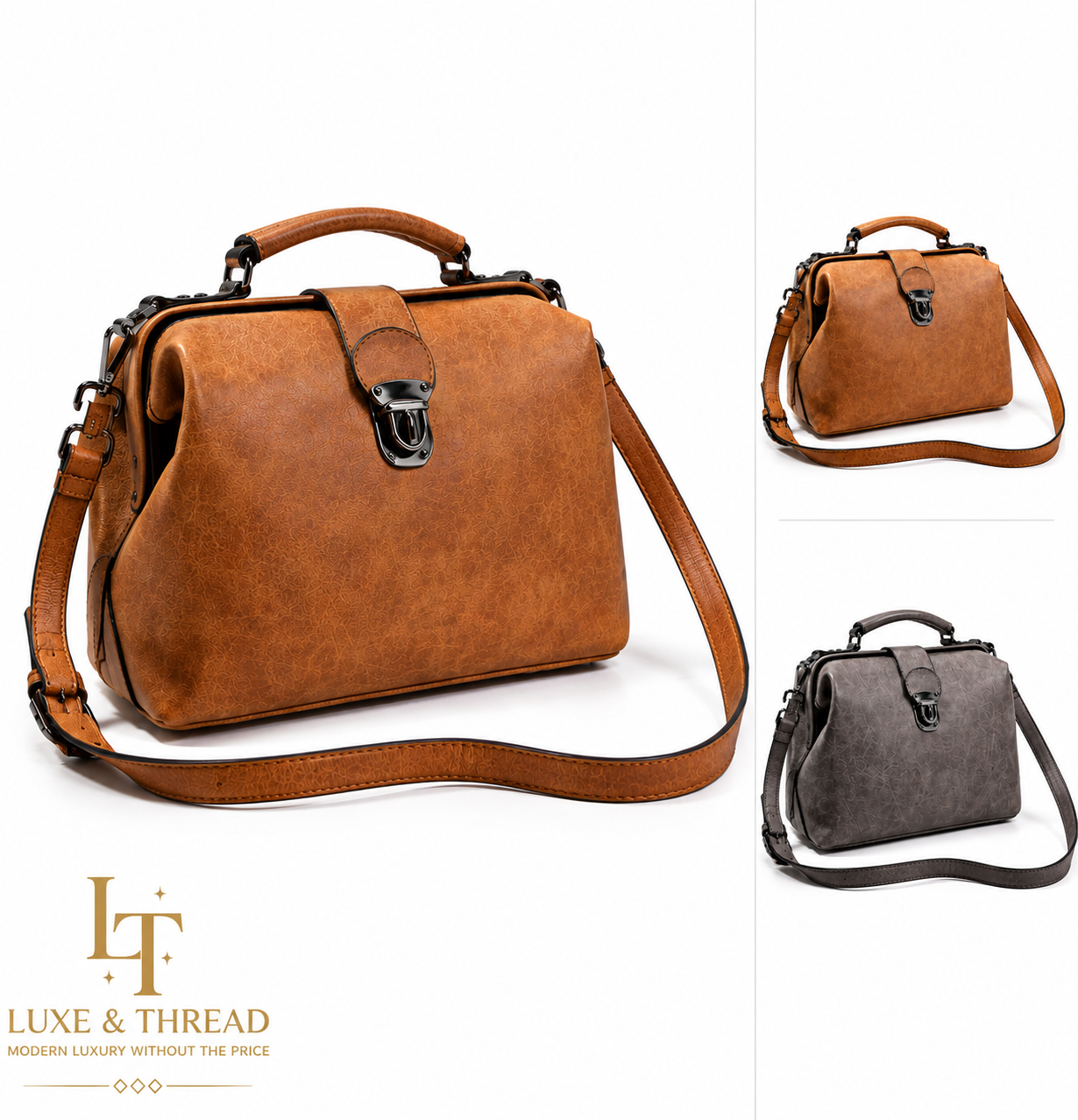 Brown leather handbag with a shoulder strap on a white background, featuring the Luxe & Thread logo.