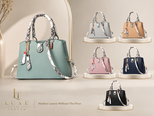 Collection of handbags in various colors on a neutral background with 'LUXE' brand logo.