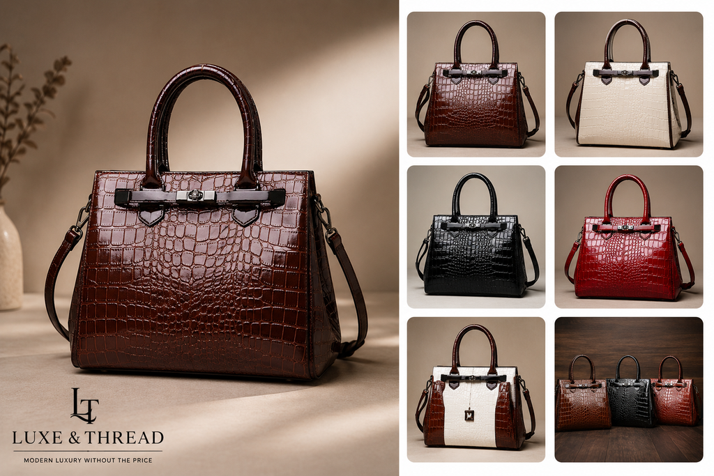 Brown crocodile-patterned handbag with Luxe & Thread branding on a neutral background.