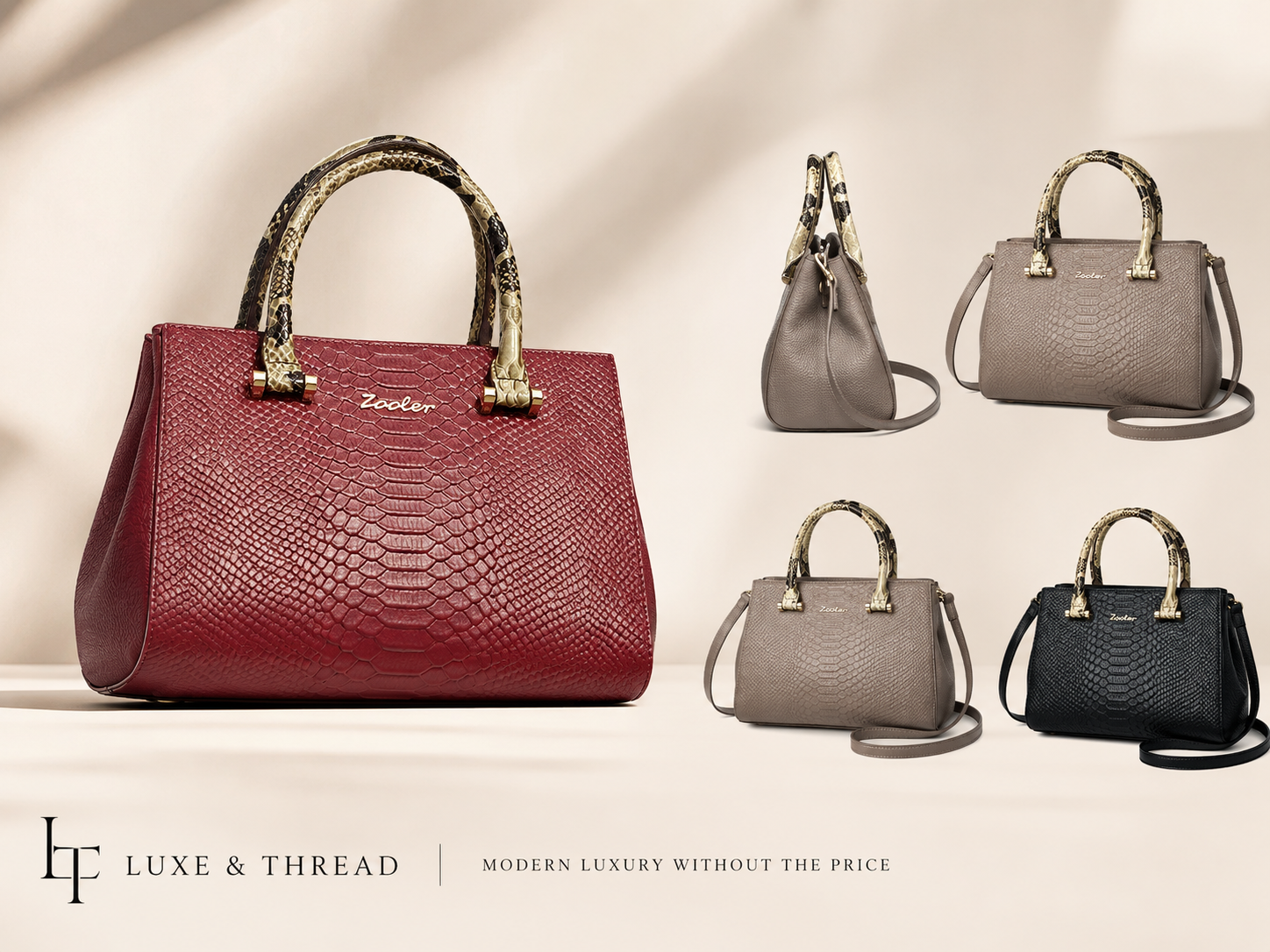 Collection of handbags in various colors with 'Luxe & Thread' branding.