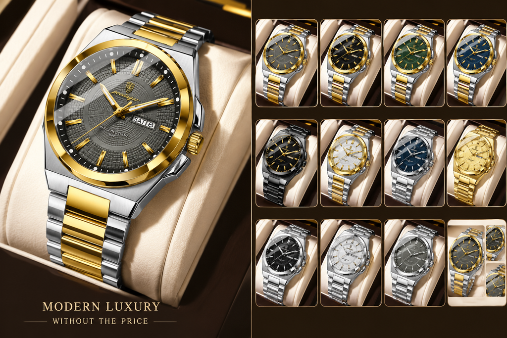 Gold and silver watch with multiple color options displayed in a collage.