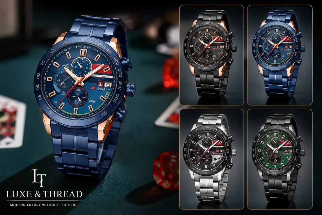Collection of Luxe & Thread watches with close-up details on a dark background.