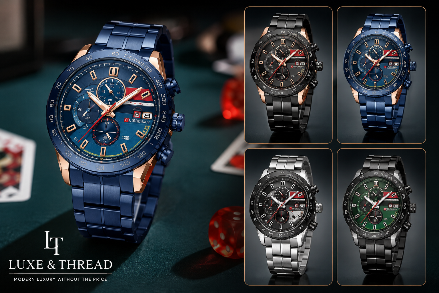 Collection of Luxe & Thread watches with close-up details on a dark background.