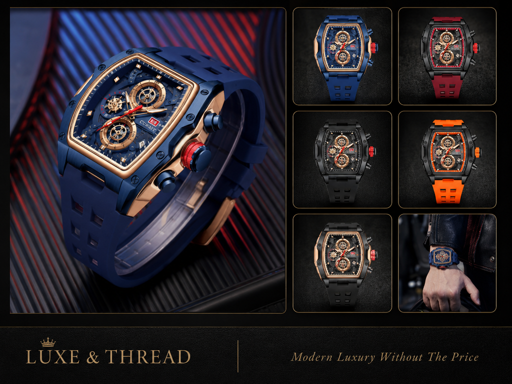 Luxury watch with detailed design on a dark background, featuring the brand 'Luxe & Thread'.