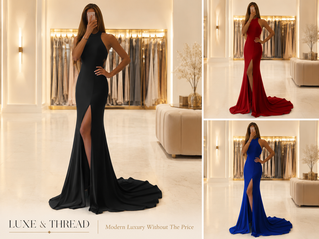Three images of women wearing elegant evening gowns in a stylish interior setting.