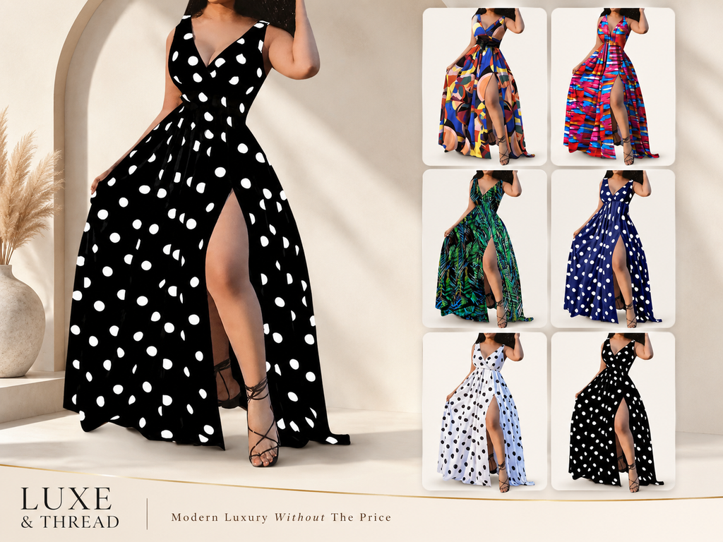 Black and white polka dot dress with a slit, displayed with other dresses in a collage format.
