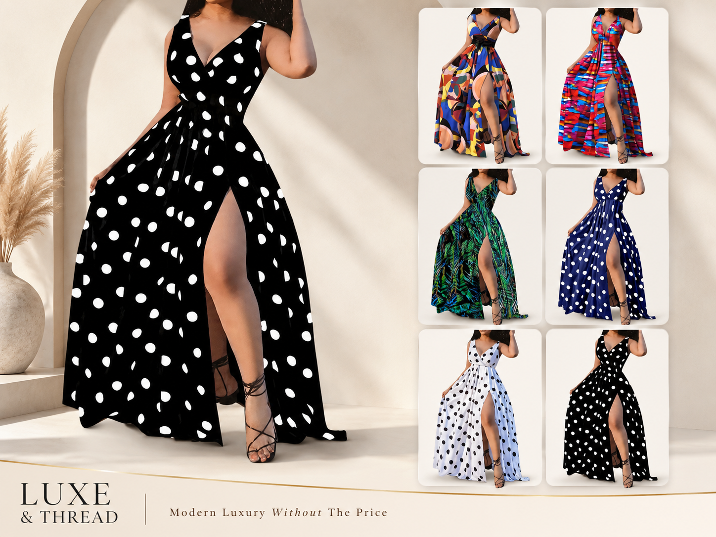 Black and white polka dot dress with a slit, displayed with other dresses in a collage format.