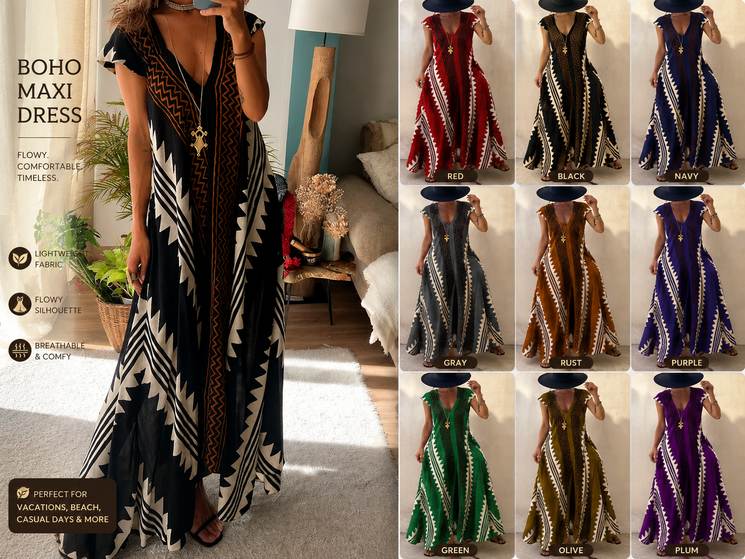 Woman wearing a boho maxi dress with color options displayed.