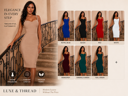 Woman modeling a beige dress with color options displayed below on a staircase.