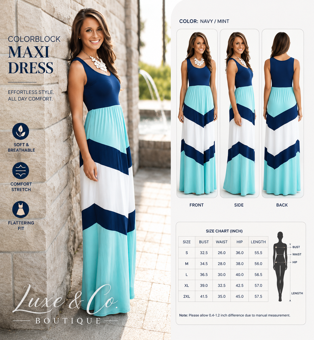 Colorblock maxi dress with size chart and Luxe & Co. Boutique branding.