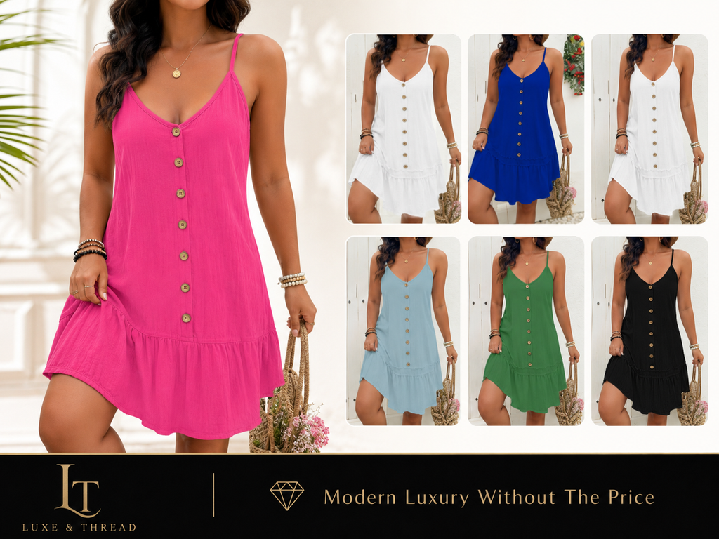 Woman wearing a pink dress with button details, surrounded by other color options on a white background.