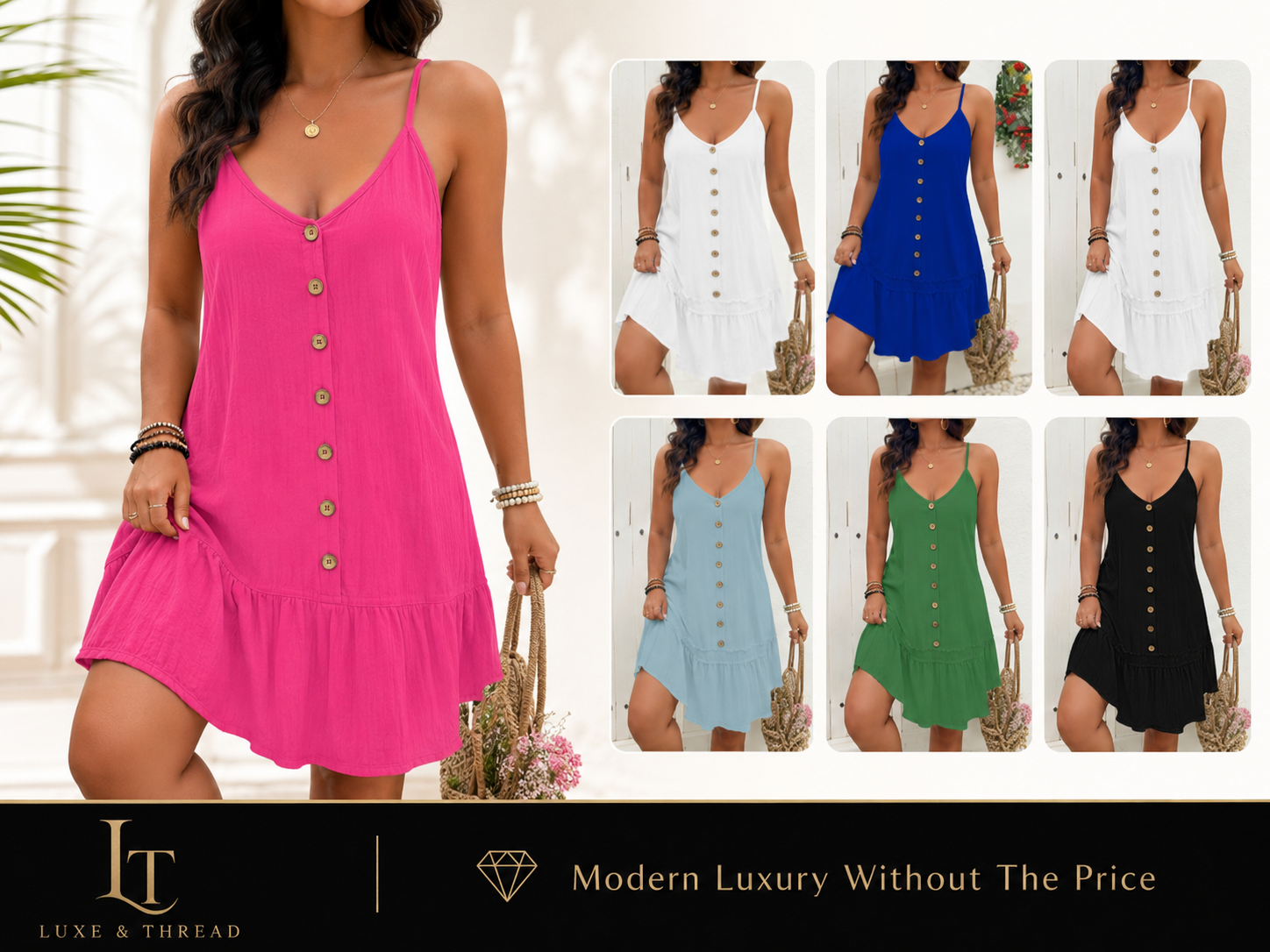 Woman wearing a pink dress with button details, surrounded by other color options on a white background.