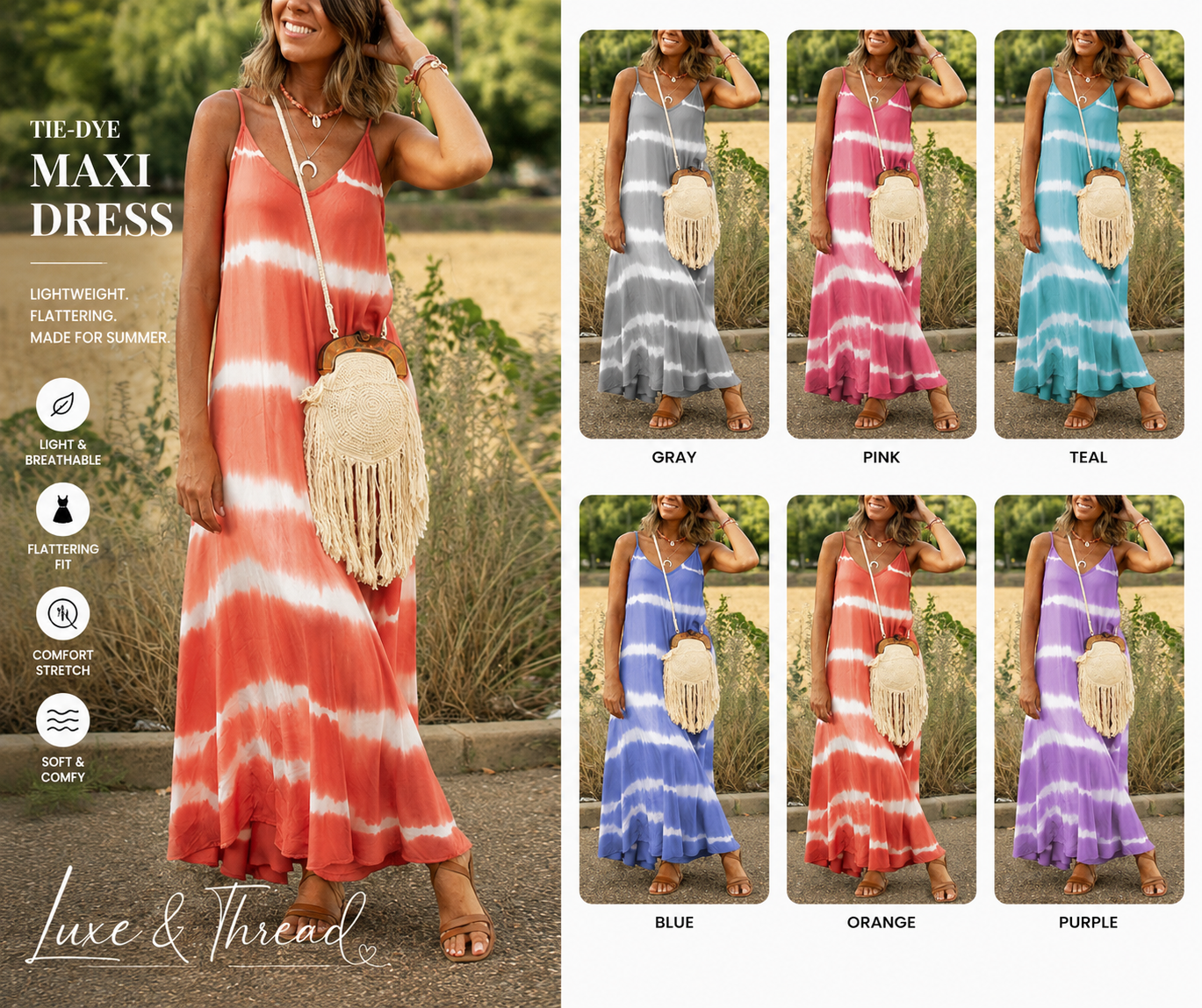 Tie-dye maxi dress with various color options displayed on a model.