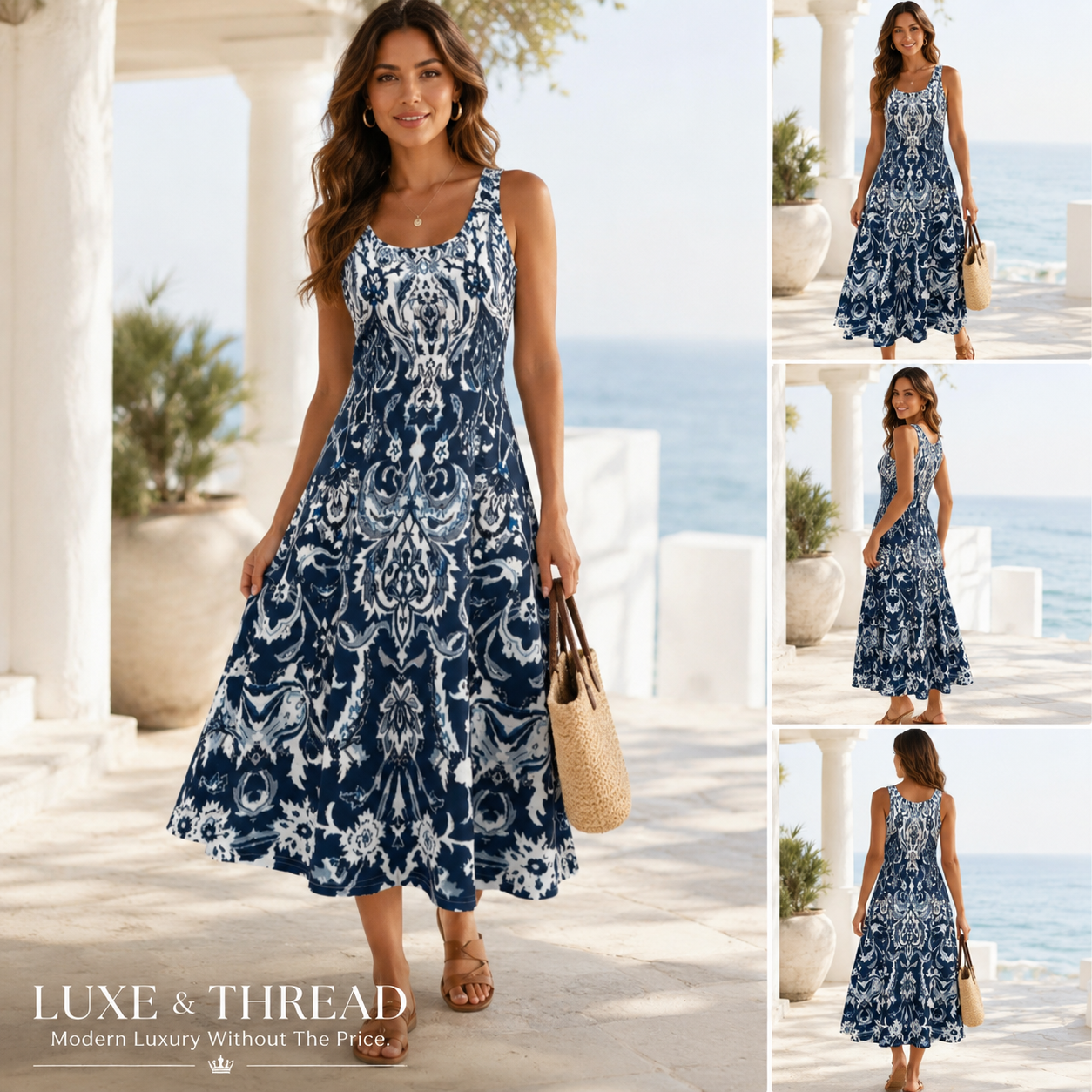 Woman wearing a blue floral dress with a white background, featuring the brand 'Luxe & Thread'.