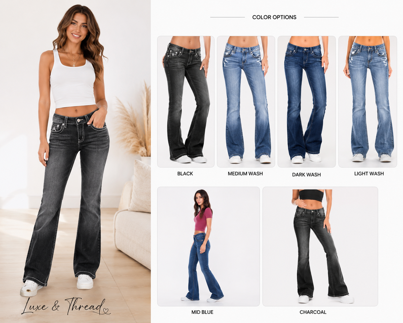 Woman modeling jeans with color options displayed on a white background