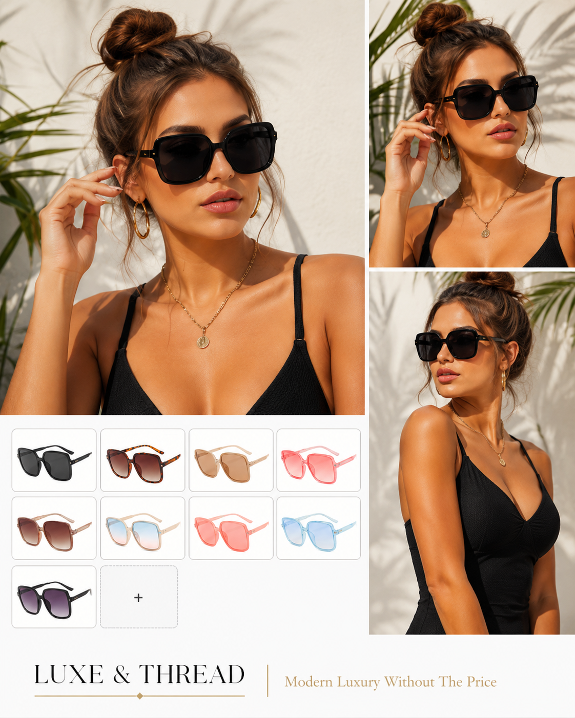 Woman wearing sunglasses with a display of various sunglass colors below, branded 'Luxe & Thread'.