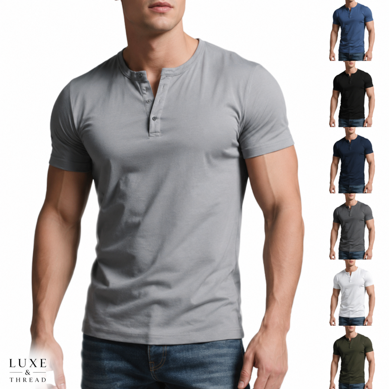 Gray henley shirt worn by a man with additional images of the shirt in different colors on a white background.