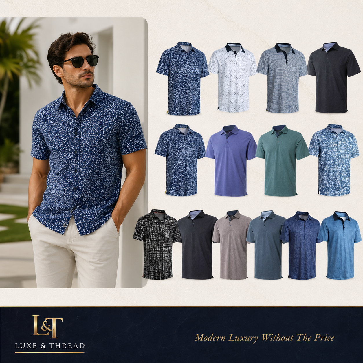 Man wearing a blue patterned shirt with a display of various polo shirts in different colors.
