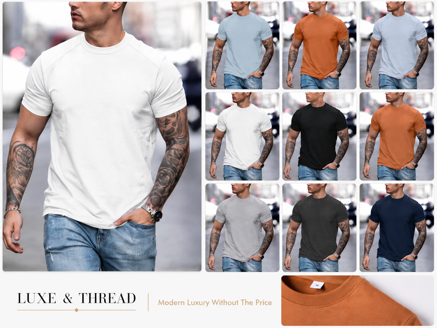 Man wearing a white t-shirt with multiple color options displayed below.