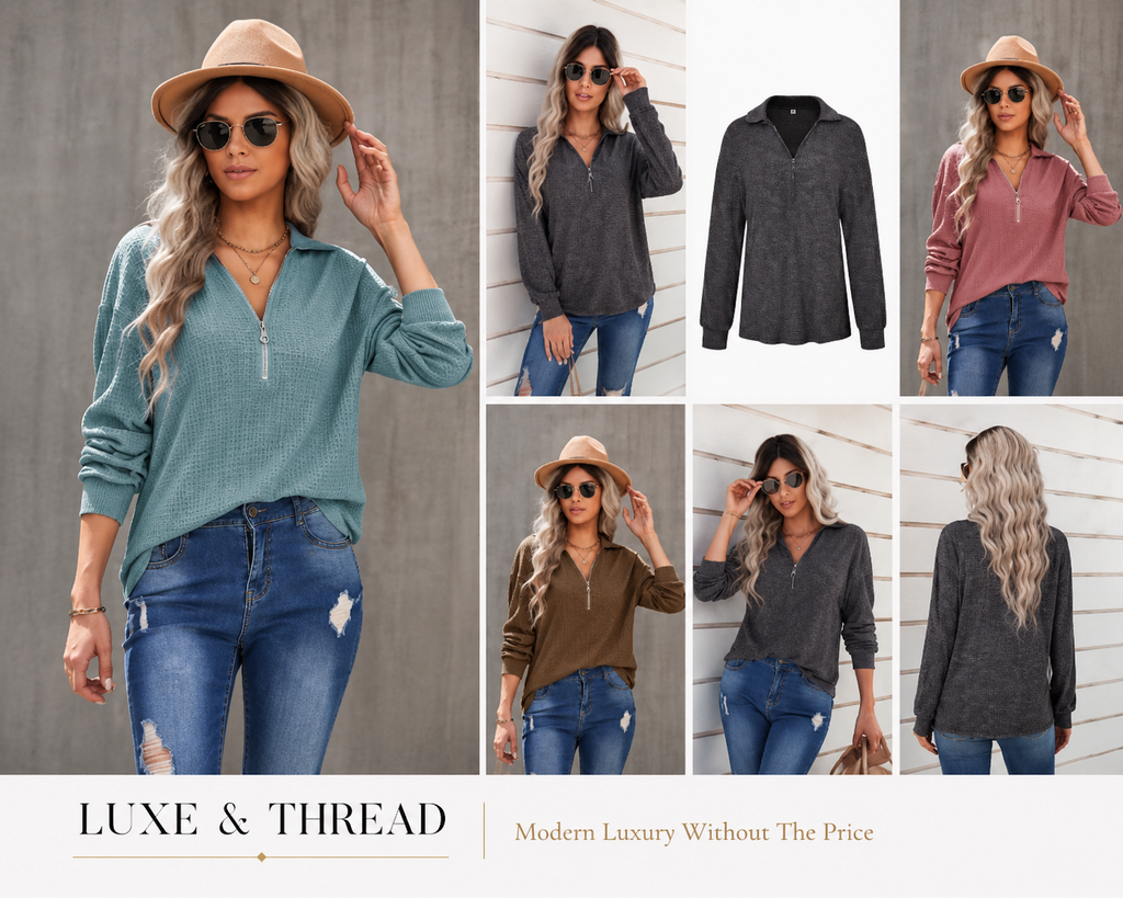 Woman wearing a long-sleeve top and jeans with a hat, displayed in multiple poses with 'Luxe & Thread' branding.