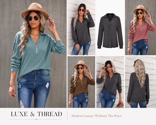 Woman wearing a long-sleeve top and jeans with a hat, displayed in multiple poses with 'Luxe & Thread' branding.