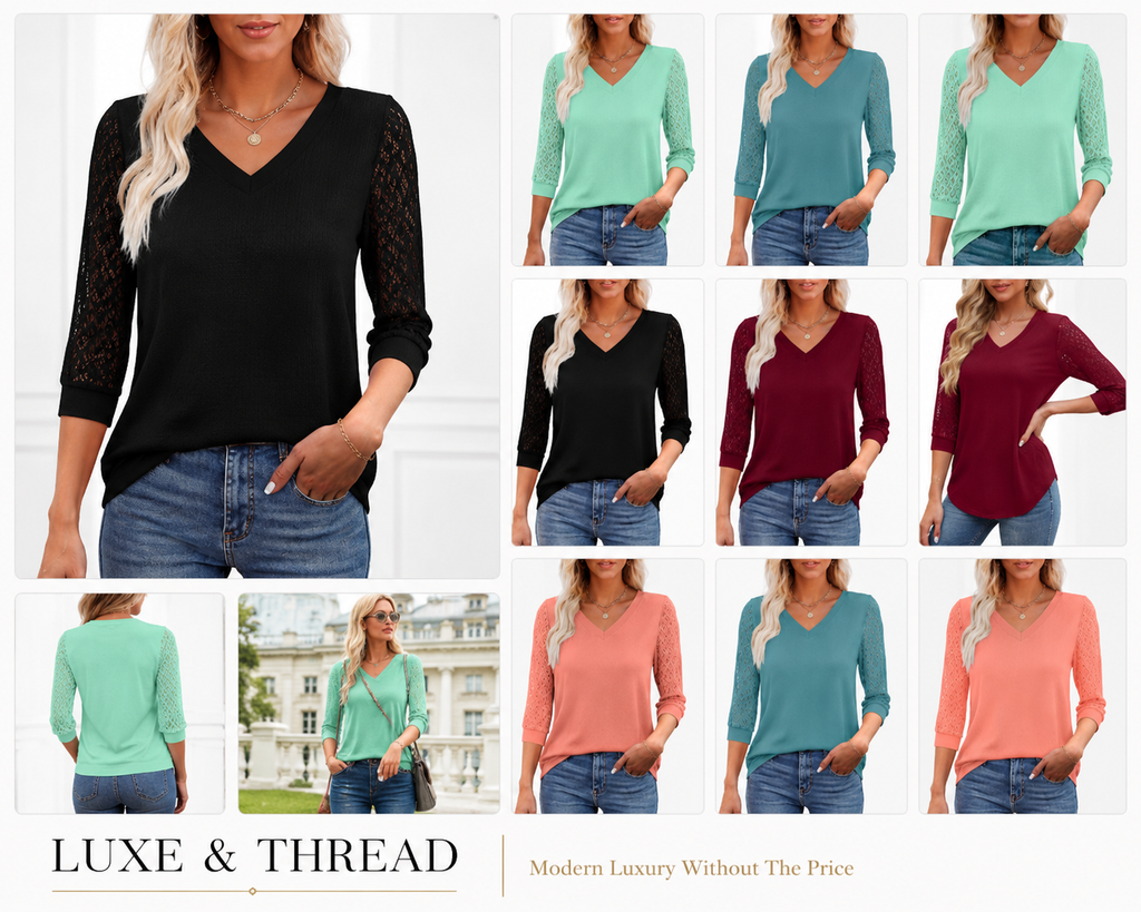 Collage of women wearing various long-sleeve tops in different colors with 'Luxe & Thread' branding.