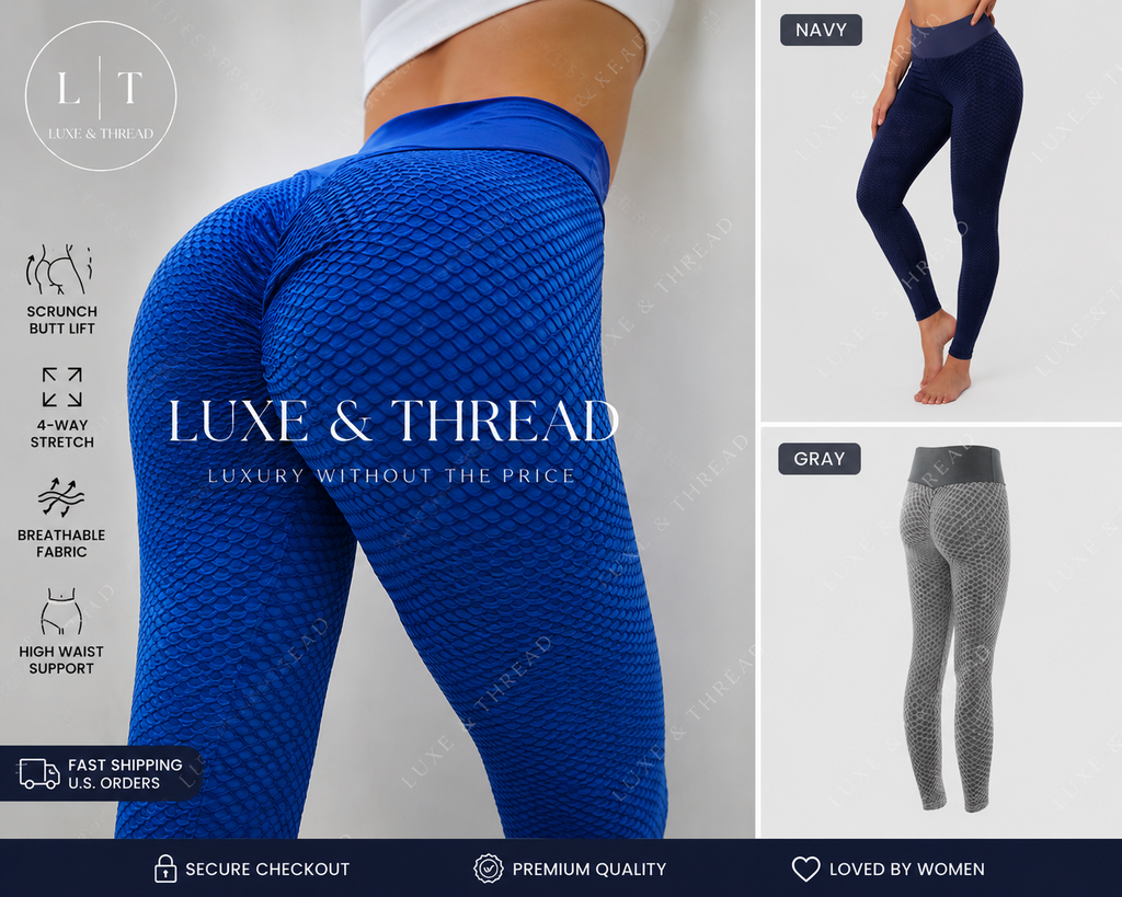 Blue leggings with 'Luxe & Thread' branding and additional product images.